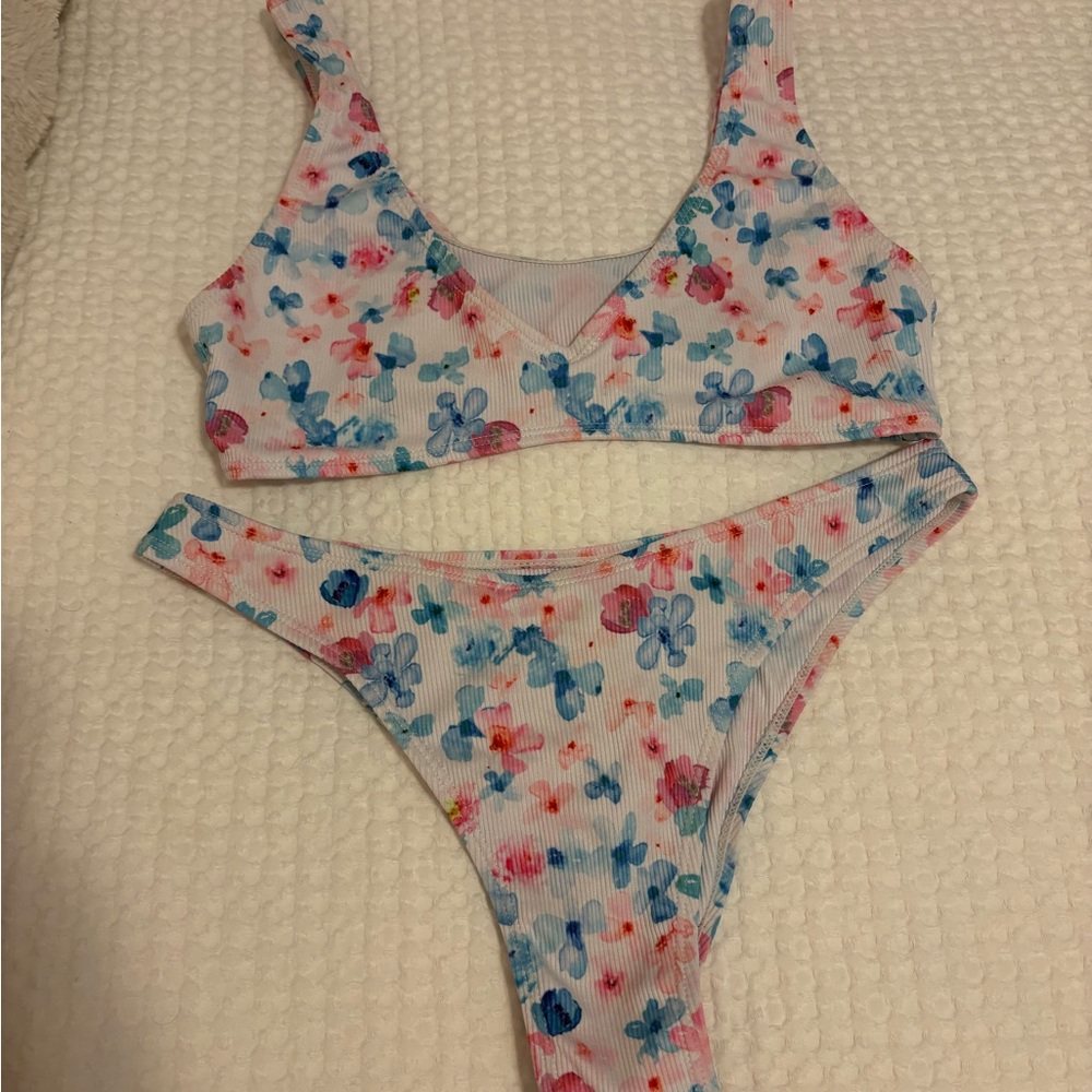 Floral Ribbed Bikini Set - Blue & Pink Flowers